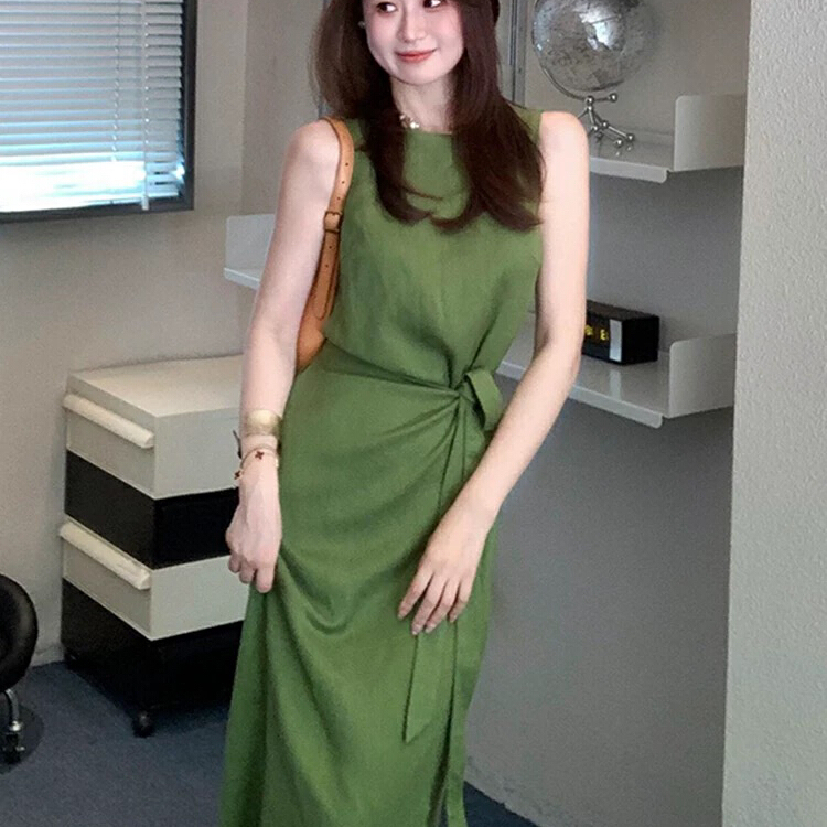 【Y.JIA 伊嘉】气质亚麻围裹一片式绑带收腰百搭显瘦无袖连衣裙女