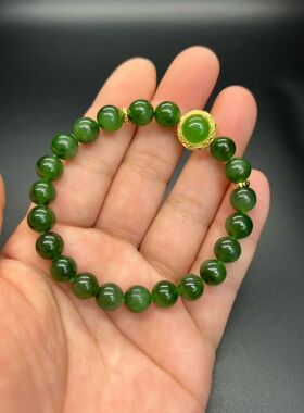 天然和田玉碧玉手串俄料卡8mm圆珠手链单圈男女款玉石珠串菠菜绿