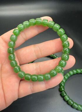 和田玉碧玉正阳绿直切手串卡7mm老型珠手链女款天然玉石珠串首饰