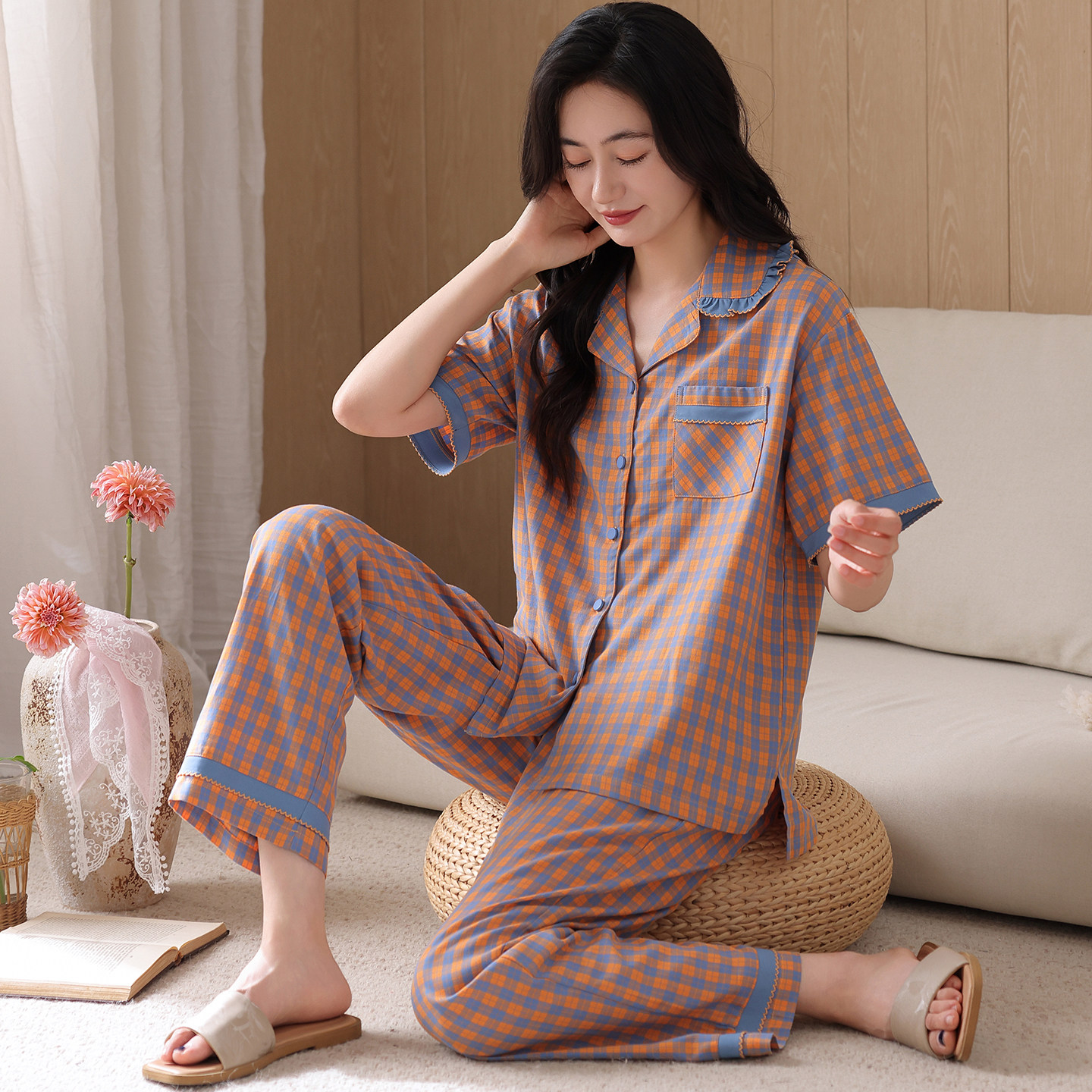 睡衣套装女士格子开衫夏季