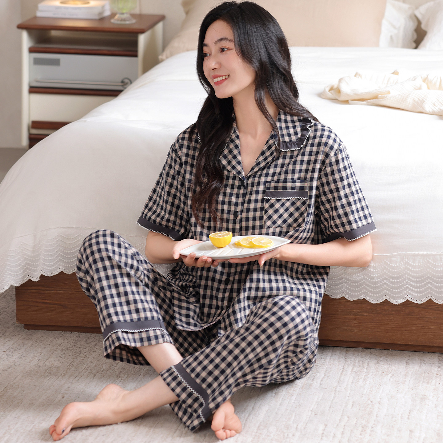 女士格子睡衣夏季纯棉短袖开衫