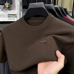稻草人羊毛衫短袖针织打底衫春秋季新款男士圆领纯色套头毛衣男