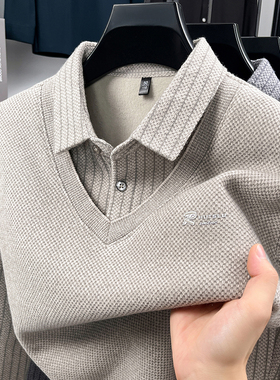 稻草人2025冬季新款加绒加厚男士上衣休闲商务针织衫假两件毛衣男