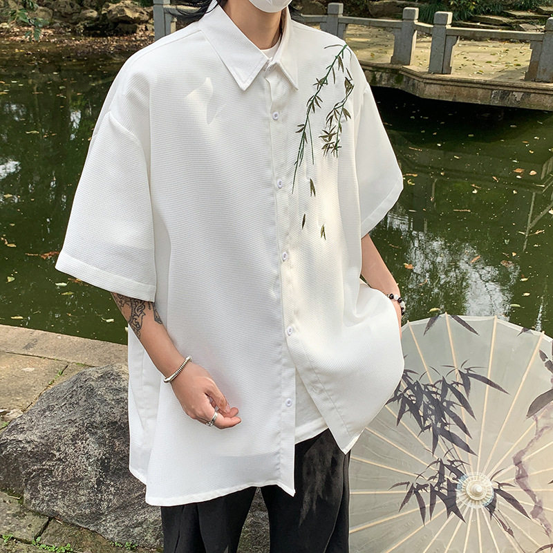 新中式短袖衬衫男夏季冰丝速干港风潮流7七分袖开衫上衣防晒衣服