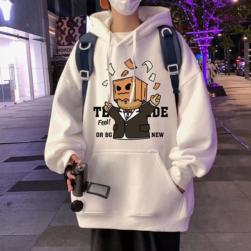 美式休闲连帽卫衣男春秋季新款纸袋熊宽松上衣服港风纯棉男装帽衫