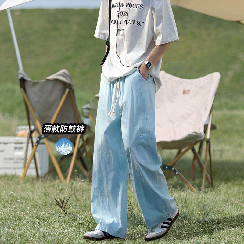 纯棉薄款透气工装裤子男夏季宽松直筒高腰阔腿垂感防蚊休闲长裤