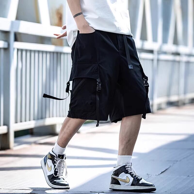 短裤男工装夏季飘带多口袋美式宽松潮牌机能情侣直筒外穿五分裤子