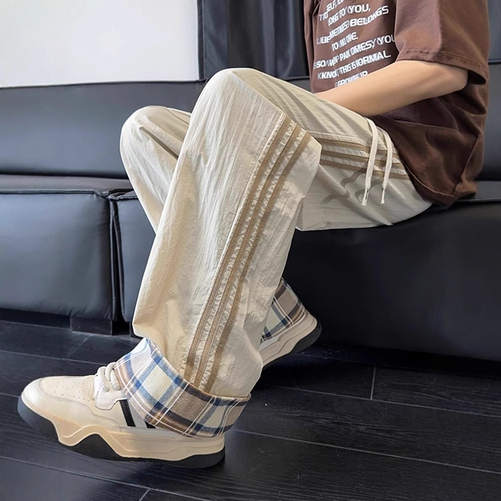三条杠条纹尼龙速干裤男春季美式复古工装裤子户外运动软壳冲锋裤