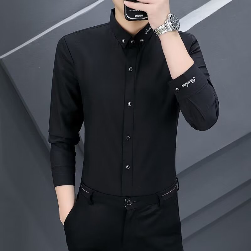 韩版修身长袖衬衫个性免烫休闲大领高领纯色百搭衬衣2024春秋