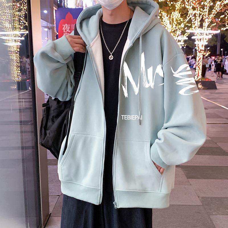 抽绳连帽休闲百搭卫衣男ins港风字母印花拉链开衫夹克上衣服外套