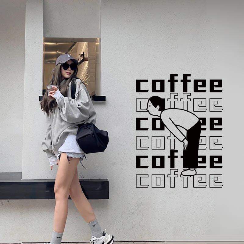 coffee英文鞠躬欢迎搞笑小人图案咖啡店墙壁贴橱窗玻璃门装饰贴纸