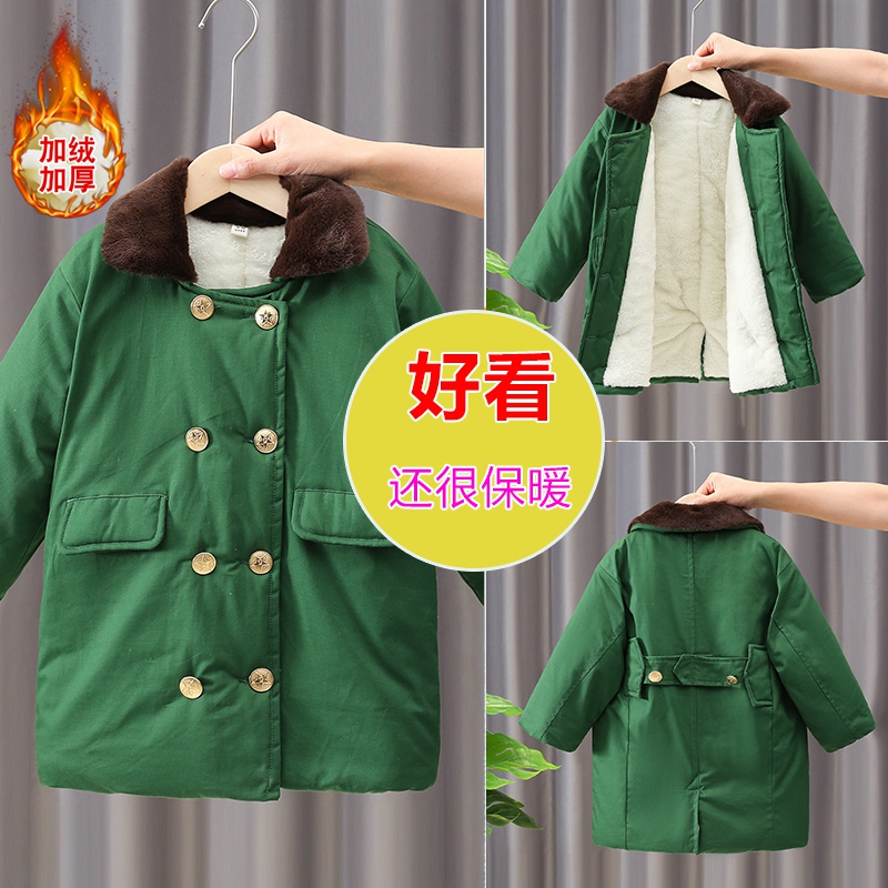 男童军绿大衣加绒棉服冬季棉大衣