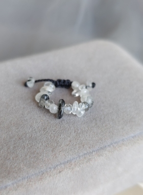 小众设计天然黑发晶碎石戒指指环可调节冷淡风个性简约水晶指环