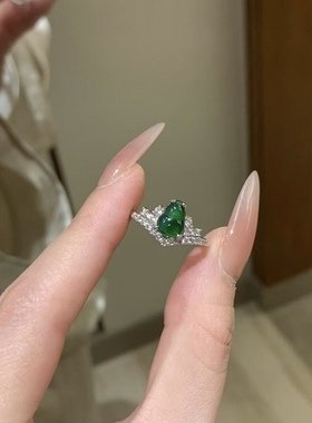 s925银天然阳绿葫芦翡翠皇冠戒指小众高级感小清新