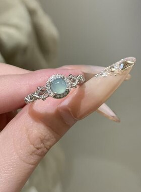 s925银天然蓝水翡翠蕾丝戒指欧美轻奢风高级感百搭