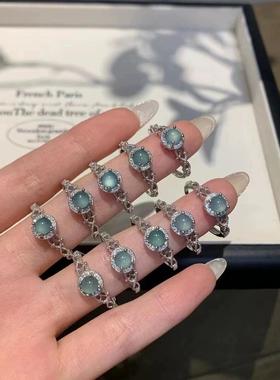 s925银天然蓝水翡翠蕾丝戒指欧美轻奢风气质高级感