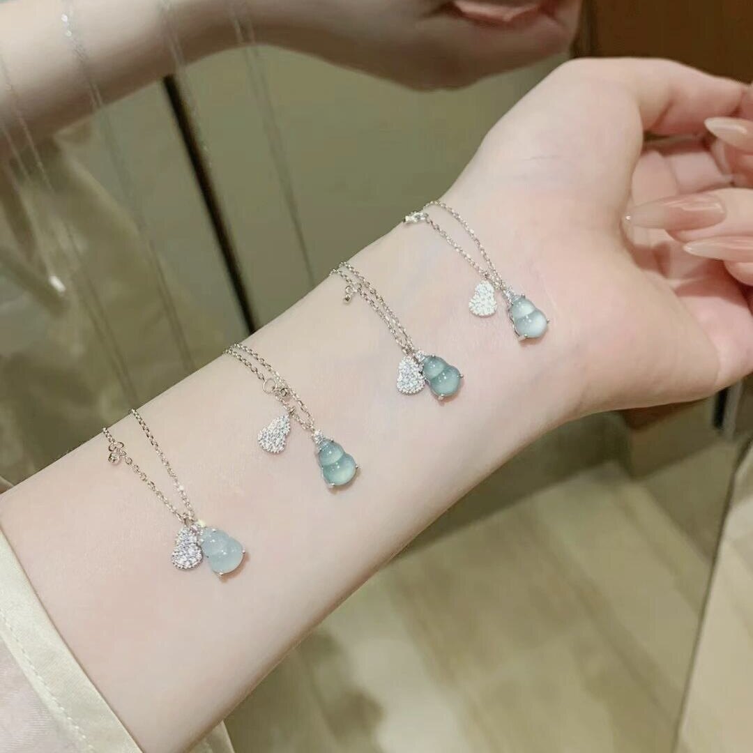 s925银天然蓝水葫芦翡翠项坠小众百搭小清新简约款