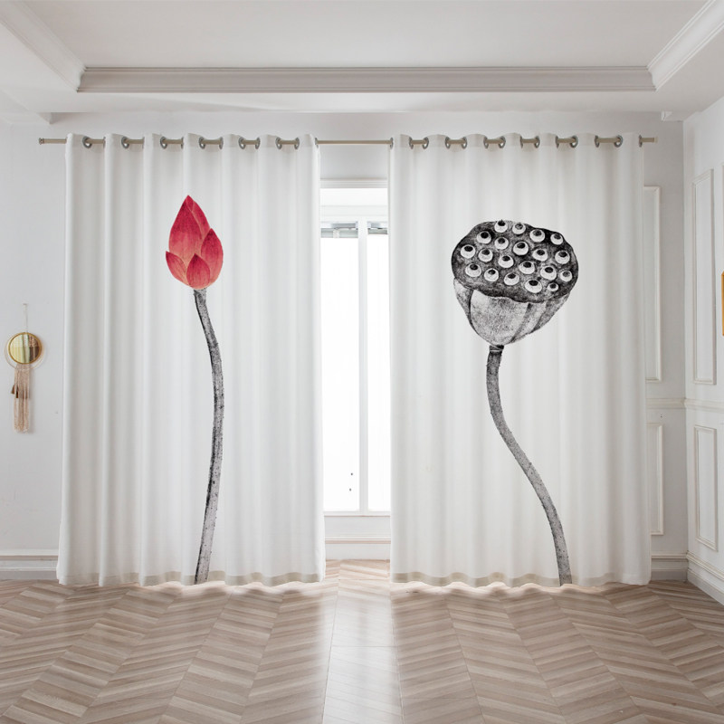 现代新中式古风禅意佛莲荷花窗帘客厅卧室茶室佛堂隔断装饰窗沙帘