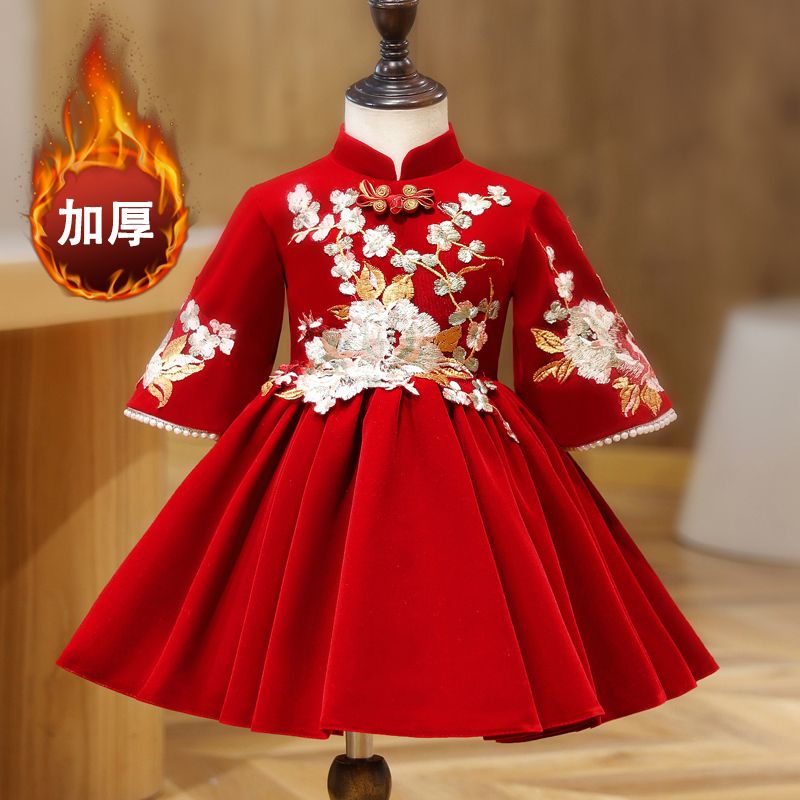 女童连衣裙冬季2023新款小女孩古风高级礼服裙冬款加厚儿童拜年服