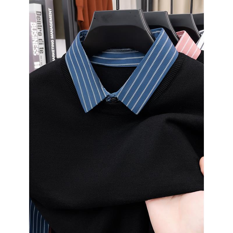 男士衬衫领毛衣2025秋冬季新款纯色假两件内搭打底针织纯色毛衫潮