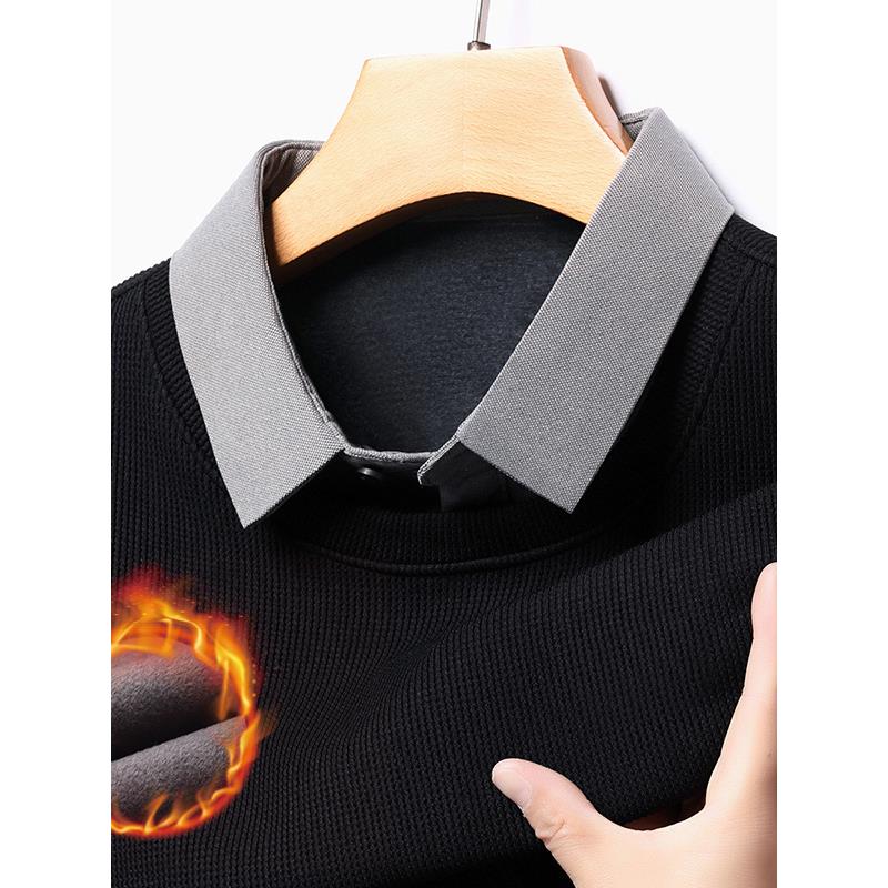 2025秋冬新款加绒衬衫领毛衣男士修身保暖假两件针织衫打底上衣服