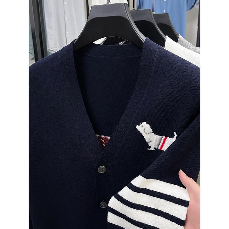 新款tb小狗毛衣针织开衫修身男彩条毛衣学院风羊毛外套宽松上衣