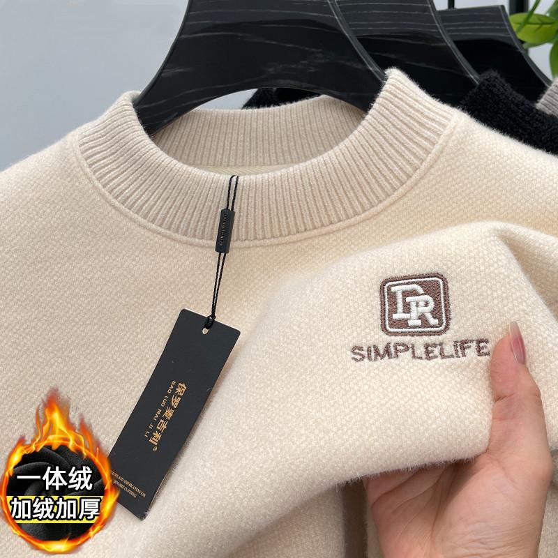 一体绒冬季半高领毛衣男中青年新款时尚刺绣加绒加厚保暖针织衫