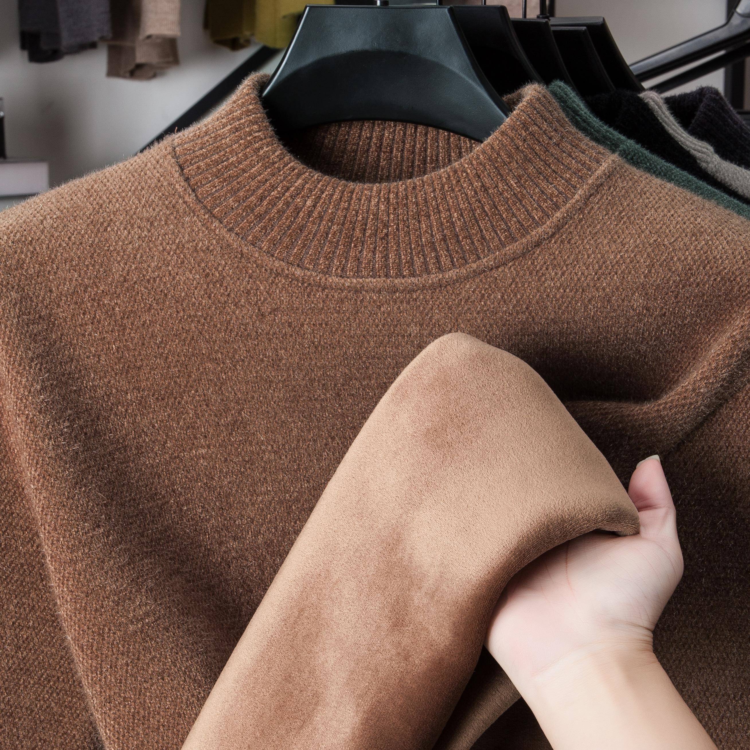 新款中领加绒加厚一体绒雪尼尔毛衣冬季半高领保暖上衣针织打底衫