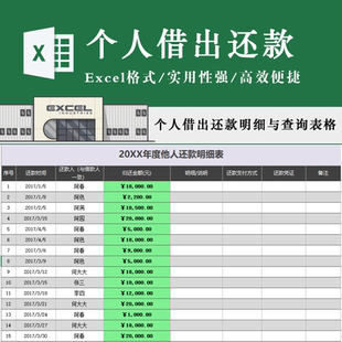 简单实用个人借出还款管理查询表格 借出款项还款明细Excel模板