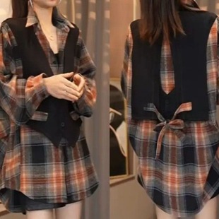 复古秋季拼接两件衬衫时尚宽松新款百搭长袖上衣天内发货软缎露肩