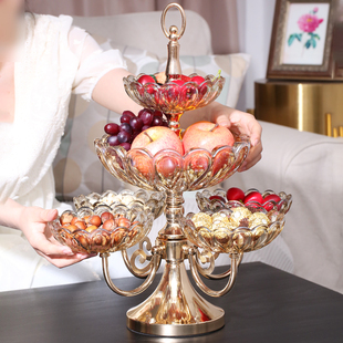 轻奢高档水晶玻璃多层水果盘可旋转北欧式 客厅茶几家用零食糖果盘