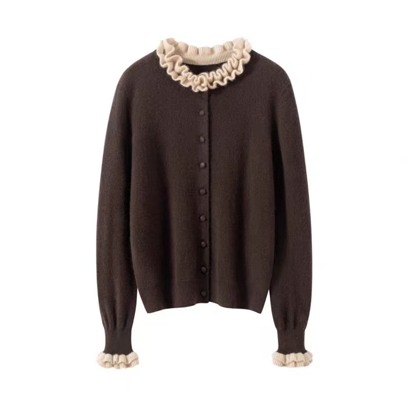 【100山羊绒】撞色花边领针织开衫外套女百搭