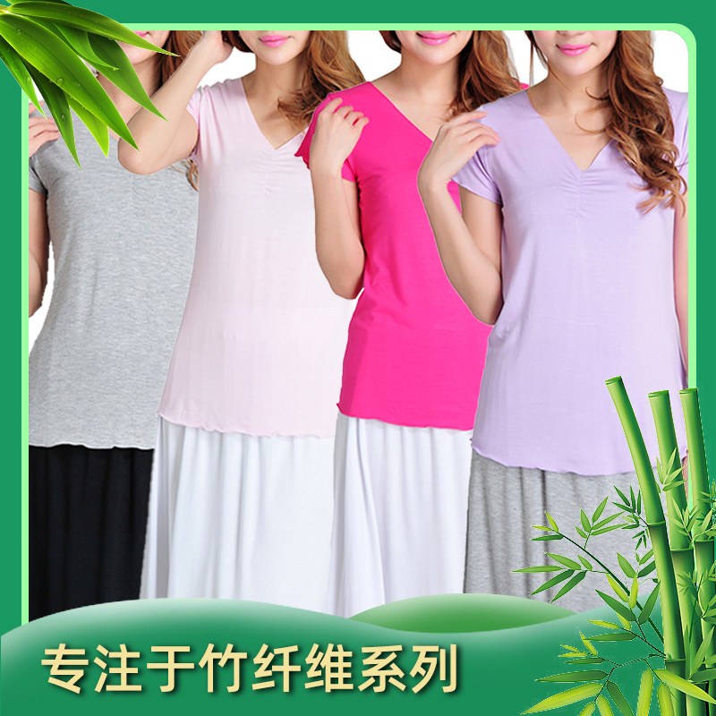 竹纤维新款夏季高克重纯色荷叶边v字领简约女短袖修身t恤杉