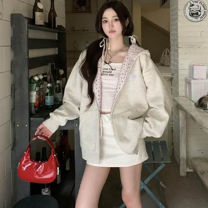 LKSTORE DBWINLAB甜妹碎花女秋冬加绒宽松连帽美式开衫卫衣外套
