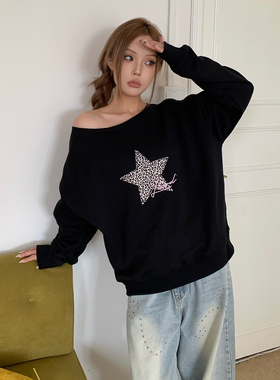 LK STORE LKOD2025秋冬新款斜肩星星豹纹长袖辣妹卫衣女款潮牌