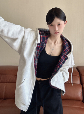 LKSTORE LKOD2024秋冬新款格子拼接刺绣卫衣男女同款帽衫格子外套