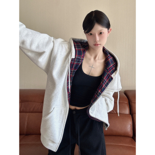 LKSTORE 格子拼接刺绣卫衣男女同款 帽衫 格子外套 LKOD2024秋冬新款