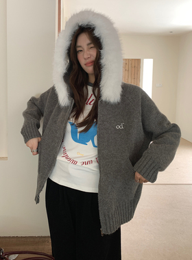 LK STORE LKOD秋冬毛领深灰色od爱心刺绣连帽情侣长袖外套毛衣