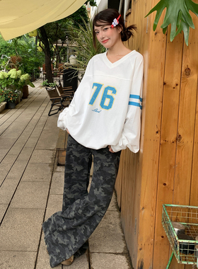 LK STORE LKOD2025秋季76数字球衣美式v领长袖T恤宽松打底衫辣妹