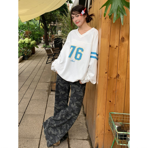 球衣美式v领长袖T恤宽松打底衫