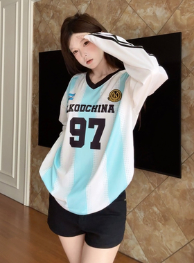 LK STORE LKOD2025秋季新款长袖数字球衣足球服女打底衫蓝白色