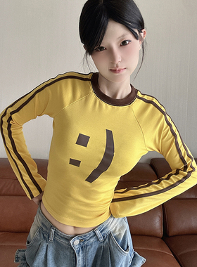LKSTORE LKOD2024秋冬新款美式修身辣妹笑脸印花圆领打底T恤显瘦