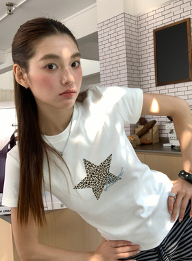 LK STORE LKOD2026夏季美式豹纹五角星慵懒修身百搭T恤女辣妹短袖