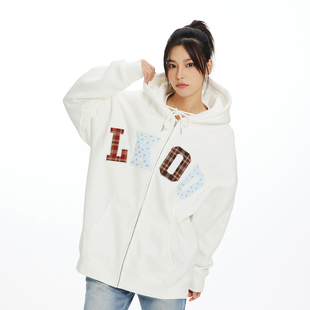 长袖 LKSTORE 帽衫 潮牌格子碎花贴布外套男女同款 LKOD2025秋季 新款