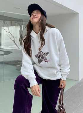 LK STORE LKOD2025秋冬豹纹贴布五角星连帽草写字母卫衣情侣潮牌