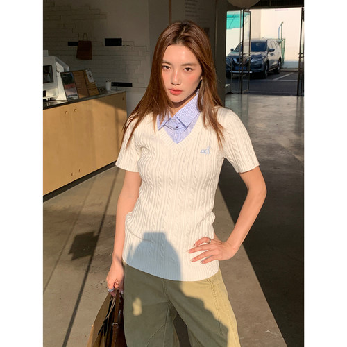 春季新款假两件修身短袖毛衣女