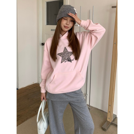 LK STORE LKOD2025秋冬豹纹贴布五角星连帽草写字母卫衣情侣潮牌