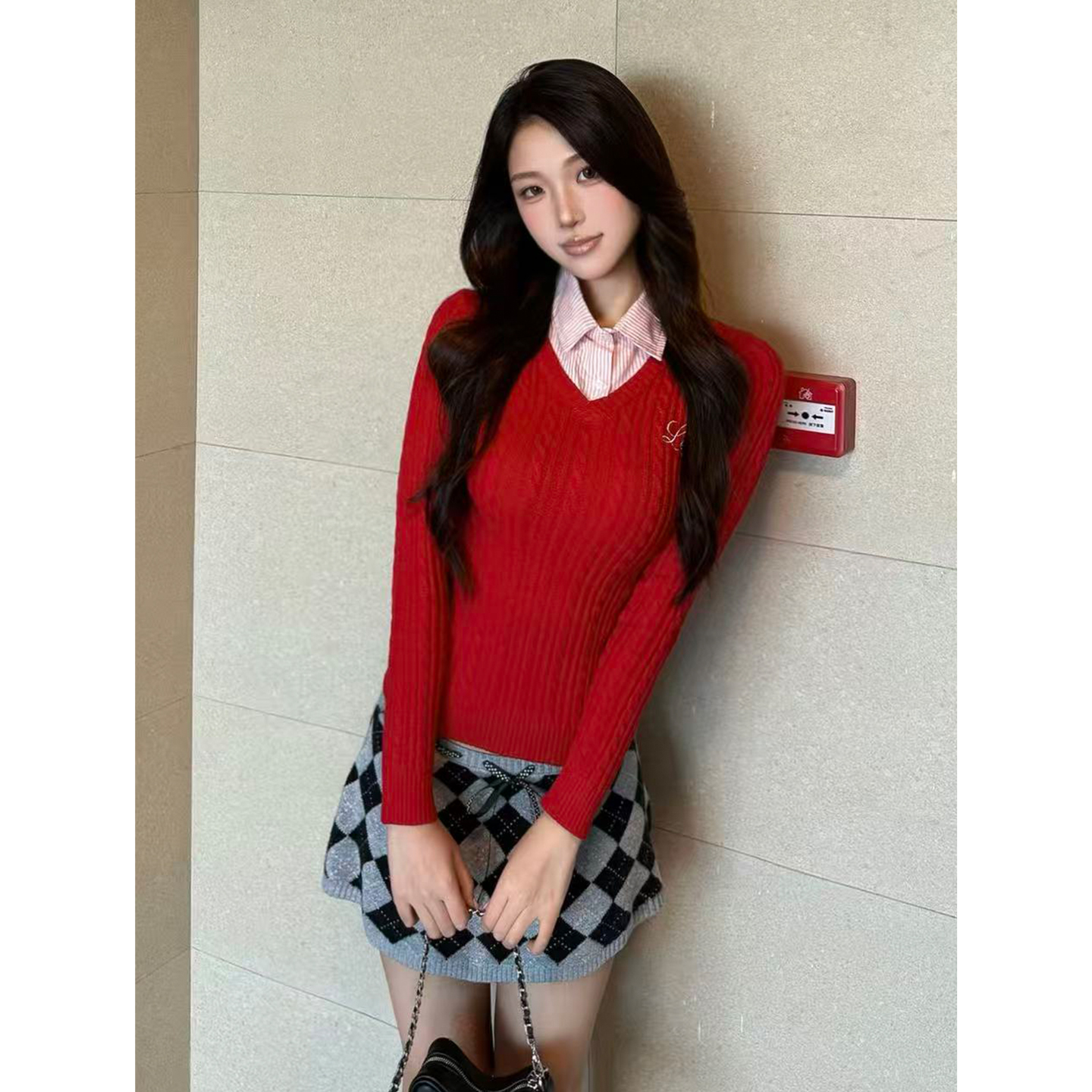 LKSTORE条纹V领假两件毛衣女