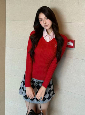 LK STORE LKOD2025条纹衬衣领LK字母毛衣v领假两件长袖针织女款