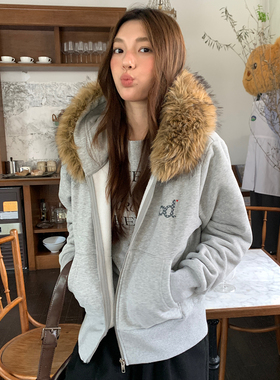 LK STORE LKOD2025秋冬新款od波点毛领连帽卫衣潮牌款女短款外套